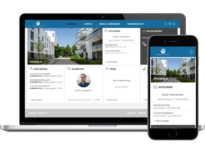 Das casavi-Eigentümerportal der PRO-IM Management auf Smartphone und Rechner